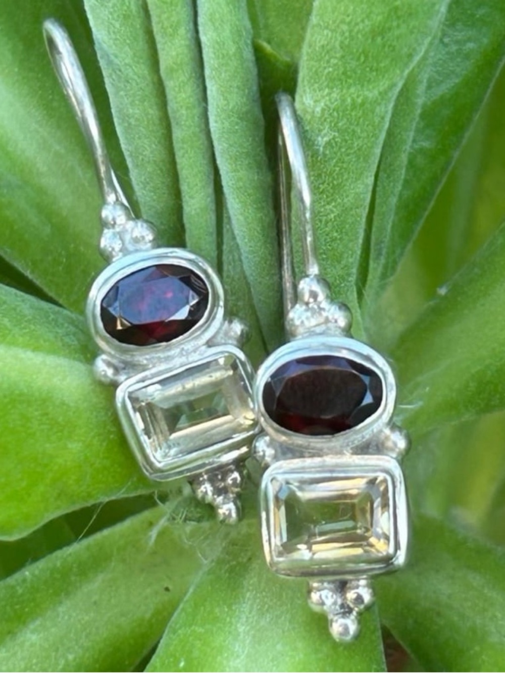 Vintage sterling silver Garnet & clear quartz crystal Gemstone hook earrings